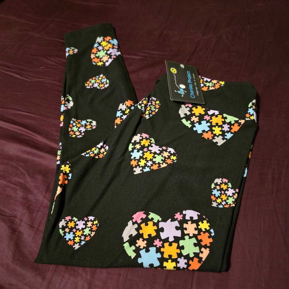 Charlies Project Leggings One Size Fits 4-14 Womens Black Puzzle Heart Awareness